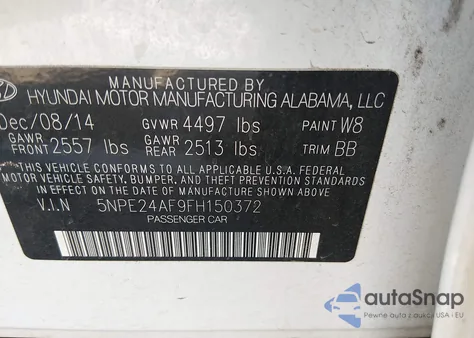 2015 Hyundai Sonata Se from USA, damaged, VIN 5NPE24AF9FH150372